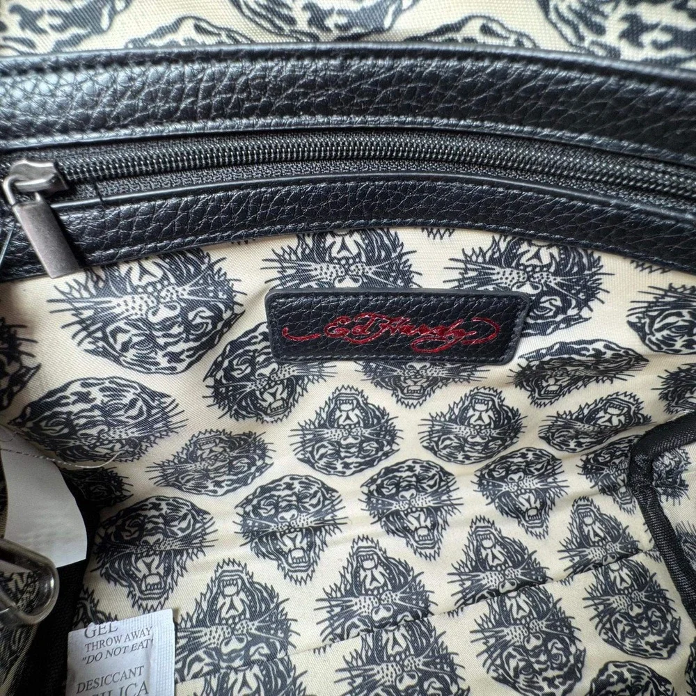Ed Hardy Satchel Handbag Black Pink Skull Hearts Rhinestone Vegan Leather Purse
